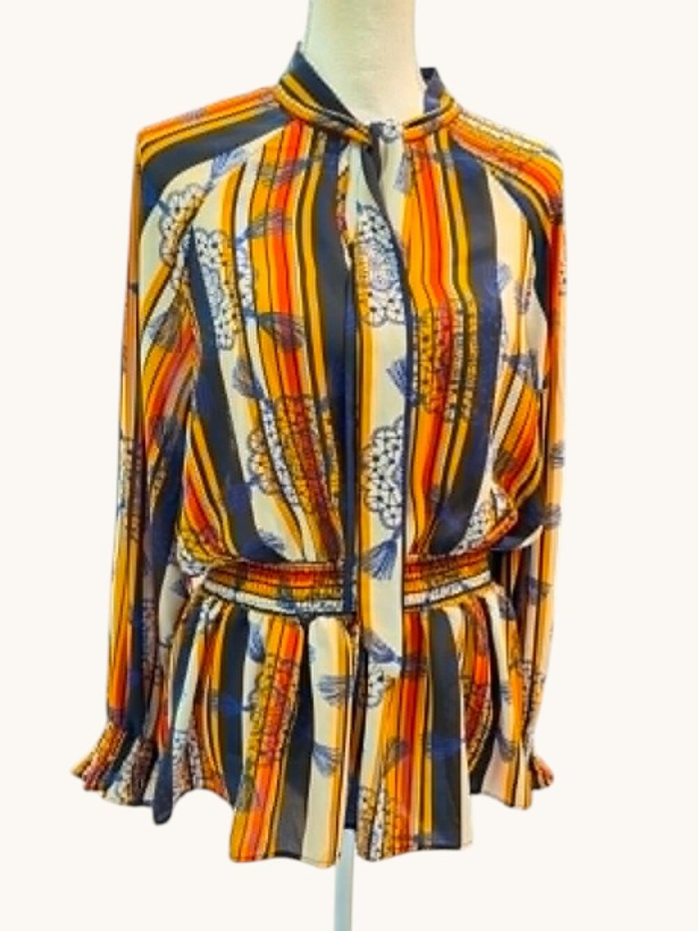 LOVE BY DESIGN Long Sleeve Smocked Waist/Cuff Tie Neck Blouse